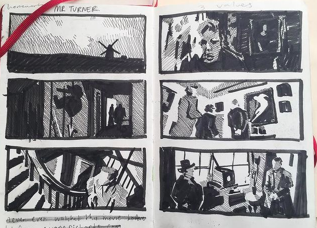 a sketchbook spread with 6 black and white thumbnails, each depicting a scene from the movie Mr. Turner
